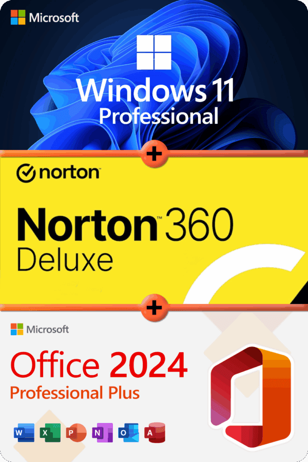 Norton 360 Deluxe + Microsoft Windows 11 Professional + Microsoft Office 2024 Professional Plus Lizenz für 3 Geräte