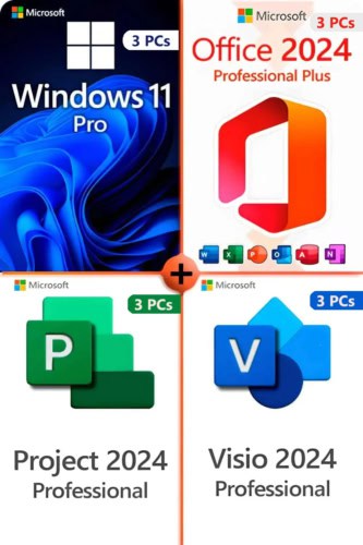 Microsoft Windows 11 Pro + Microsoft Office 2024 Pro Plus + Microsoft Visio 2024 Pro + Microsoft Project 2024 Pro Lizenz für 3 PC