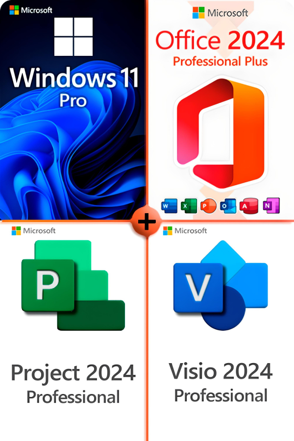 Microsoft Windows 11 Pro + Microsoft Office 2024 Pro Plus + Microsoft Visio 2024 Pro + Microsoft Project 2024 Pro Lizenz für 3 PC